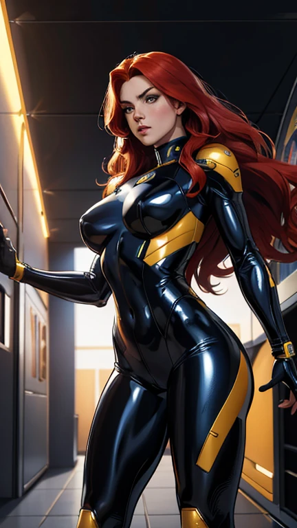 Best quality, 4K, american comics art style, vintage space woman,long red hair,lookng to observer,yellow and dark blue tight latex suit under shine black hi-tech armor,dynamic pose, spaceship corridor scenario, dramatic lights