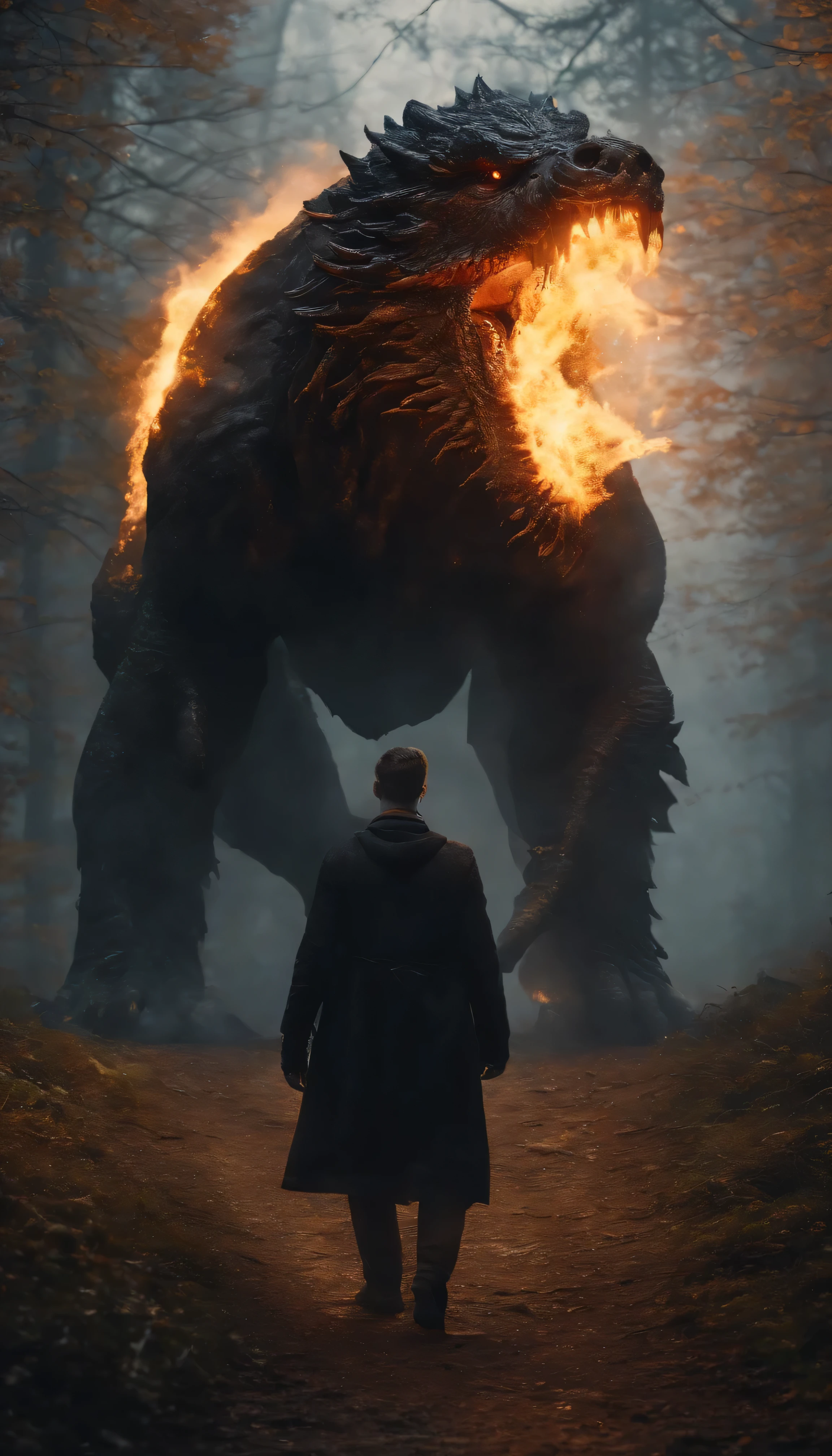 8k, a young male wizard with black clothes with grey short hair from behind throw fireball to a huge monster in Rainy forest from the hill
