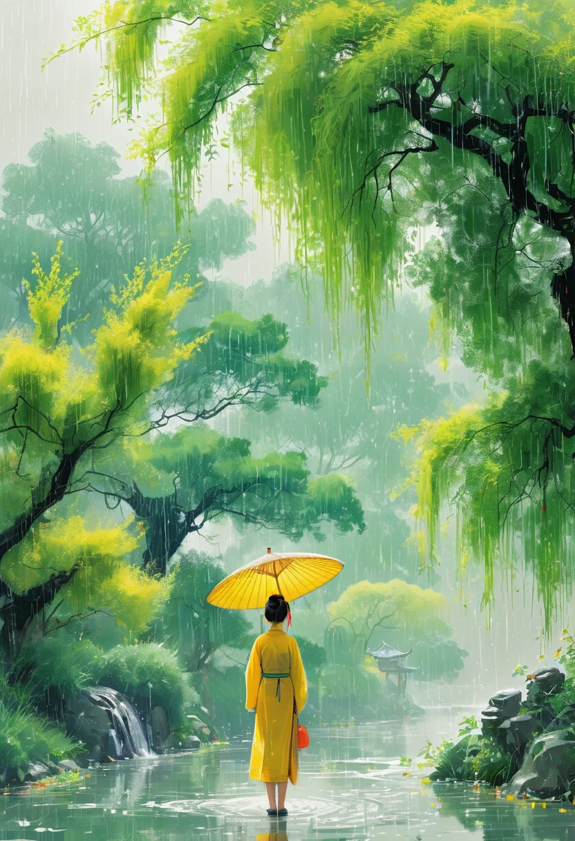 1girl, Cai GuoRUN's illustration style, Qingming rainy season, Under the willow tree, in the rain, pointing into the distance, Direction to Heng Fa Chuen, close up, Spring is full of freshness, Rich details, Spring Scene, Flat design, Soft colors, Vivid tones, Chinese traditional elements, Reality, Minimal composition, High Saturation,High contrast, Rich detail in light and shadow, Sharp contrasts and clean lines