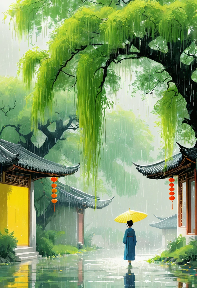 1girl, Cai GuoRUN's illustration style, Qingming rainy season, Under the willow tree, in the rain, pointing into the distance, Direction to Heng Fa Chuen, close up, Spring is full of freshness, Rich details, Spring Scene, Flat design, Soft colors, Vivid tones, Chinese traditional elements, Reality, Minimal composition, High Saturation，High contrast, Rich detail in light and shadow, Sharp contrasts and clean lines