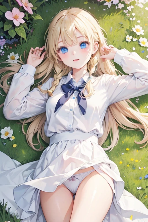 masterpiece, highest quality, High resolution, 1 -yeld giblue eyes、
Blonde,  Braid、uniform, White shirt, Checked skirt, White panties、garden、Lying on the grass