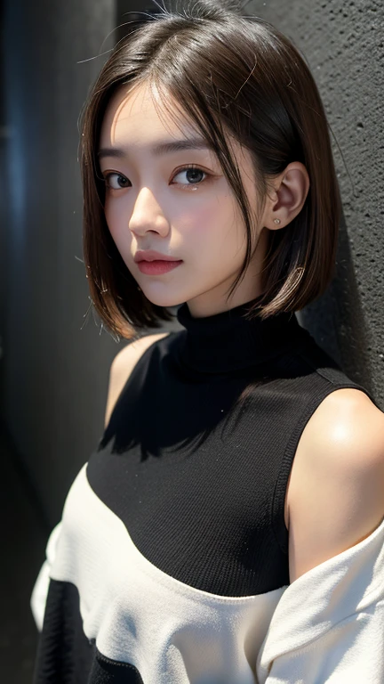 (((Close-up of face)))、(((Absolutely shoulder-length brown straight short bob)))、(((She is posing like a hair salon model, with a black wall indoors as the background.)))、(((Casual black winter long sleeves with shoulders covered)))、Half Japanese, half Korean、18 year old girl、Standing Alone、Looking forward、Light eye makeup、Brown Hair Color、Flat and 、Hair blowing in the wind、Actress Quality、Glossy, ultra-realistic face、Smiling face、Watery eyes、Gazing Up、Subtle lighting effects、 Ultra-Realistic Capture、Very detailed、High resolution 16K close up of human skin。Skin texture must be natural、The details must be such that pores can be clearly seen、The skin is healthy、Uniform tone、Use natural light and colors、A worn-out, high-quality photo taken by a model agency&#39;s in-house photographer.、smile、(((SIGMA 300 mm F/1.4,1/1000 sec shutter,ISO 400))) 