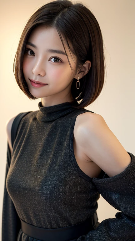 (((Close-up of face)))、(((Absolutely shoulder-length brown straight short bob)))、(((She is posing like a hair salon model, with a black wall indoors as the background.)))、(((Casual black winter long sleeves with shoulders covered)))、Half Japanese, half Korean、18 year old girl、Standing Alone、Looking forward、Light eye makeup、Brown Hair Color、Flat and 、Hair blowing in the wind、Actress Quality、Glossy, ultra-realistic face、Smiling face、Watery eyes、Gazing Up、Subtle lighting effects、 Ultra-Realistic Capture、Very detailed、High resolution 16K close up of human skin。Skin texture must be natural、The details must be such that pores can be clearly seen、The skin is healthy、Uniform tone、Use natural light and colors、A worn-out, high-quality photo taken by a model agency's in-house photographer.、smile、(((SIGMA 300 mm F/1.4,1/1000 sec shutter,ISO 400)))