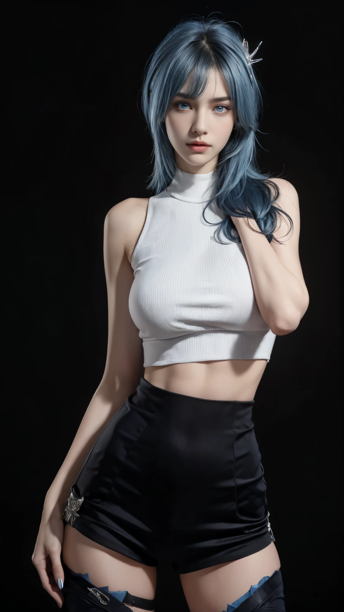 8K, Top Quality, Intricate Details, Ultra Detail, Ultra High Resolution, Masterpiece, close up shot, (full body: 1.1), Slender, Smile, (Makeup: 0.4), (Fluffy  Eyes: 1.21), (()), 1girl, solo, 1 girl, ((blue hair, blue eyes, bangs, , long hair, hair ornament)), close up shot, , ((tall)), (((fit body))), (((slim face))), sharp face, (( crop top, hot pants,))  (detailed face), sharp face, small lips, , , , 
 ((,  )), , ((,)), detailed face, detailed breast, , ((large breast, huge breast)), detail ass, Narrow Waist, Skinny, tall , 175 cm tall, Muscular, Navel, Exposed Abdomen, Pointed Chest,, Beautiful girl with accentuated slender abs: 1.4, Six Pack Abs: 1.4, Bust Botox, Big, Perfect Body, detail leg, (( dark background)), black background,