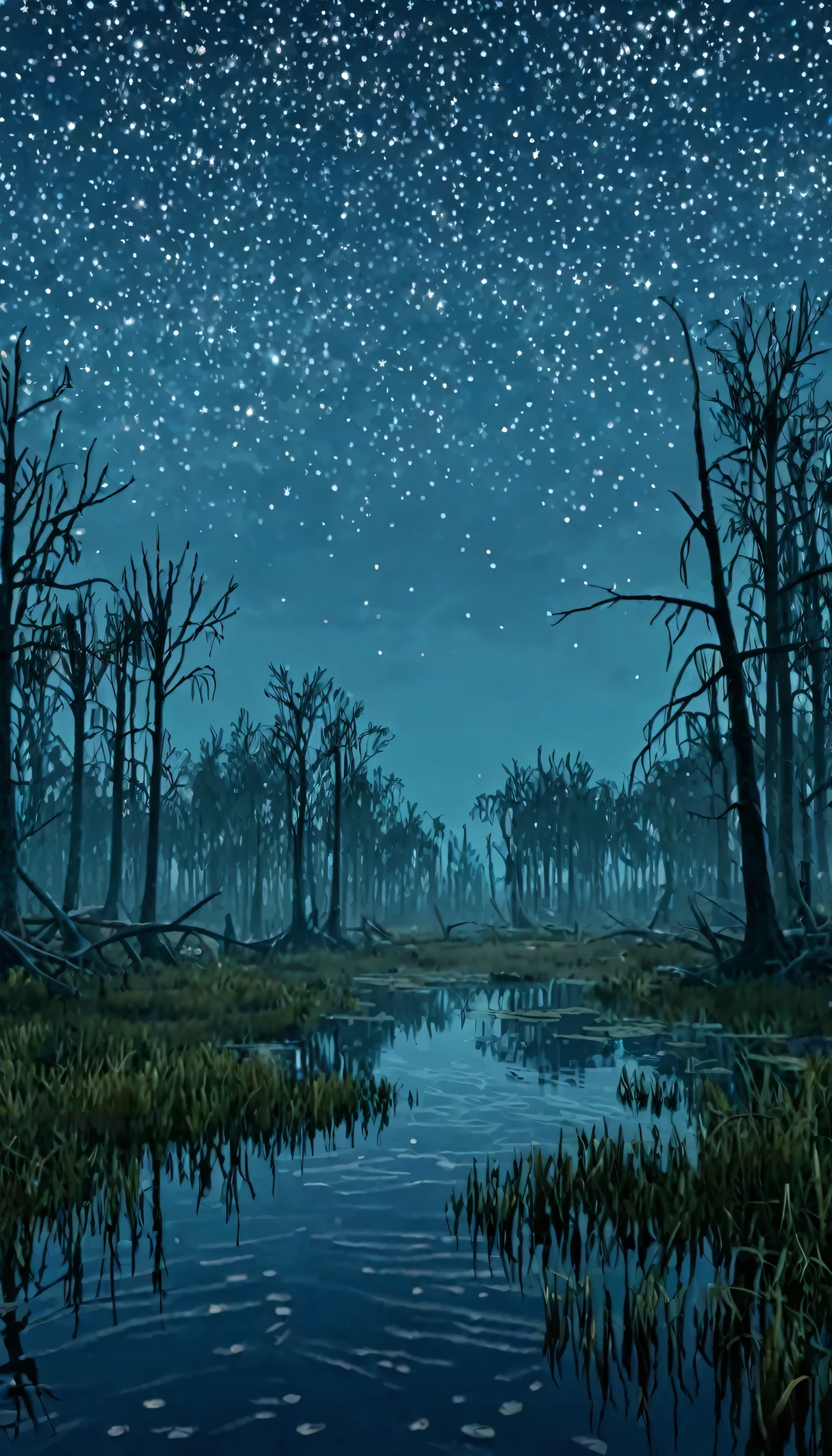 videogame screenshot of a swamp area, starry night, , videogame screenshot  