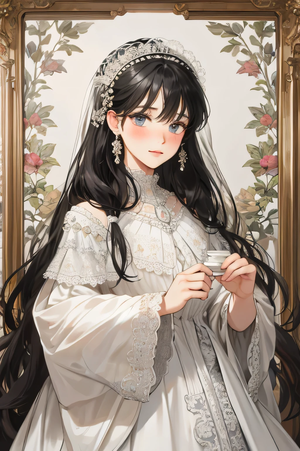 (extreamly delicate and beautiful:1.2), 8K,(masterpiece:1.0),(best_quality:1.0), 1 girl, and intricate detailing, Enlarged textures, and intricate detailing, finely eye and detailed face, and intricate detailing, black long hair, (closed mouths), Perfect eyes, Equal eyes, carolina eyes (A famale god) classic white dress modern, look at camera, look 50 years old, blush