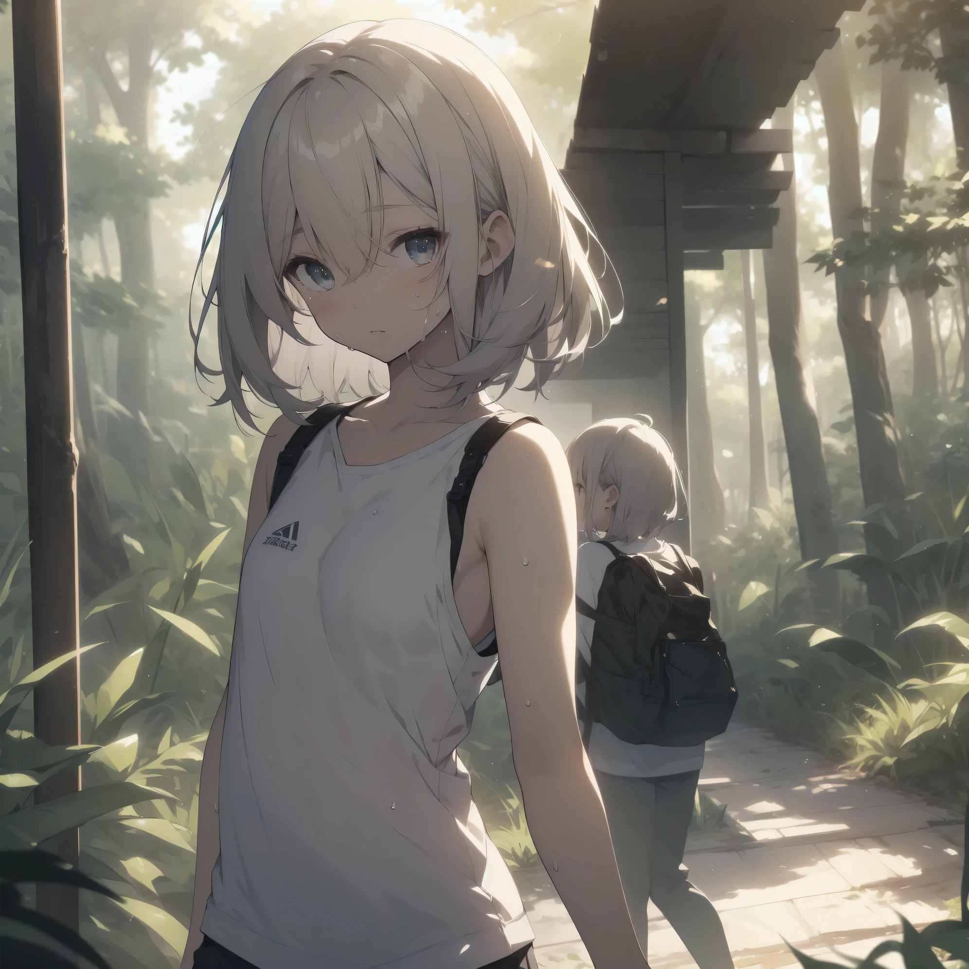 ultra-absurdres-Top quality by artist God, ultra-detailed, high resolution, anime moe artstyle, best anime 8k konachan wallpaper, pixiv contest winner, pool:2810, perfect anatomy,break, 1girl, (Solo,tomboy, 9--old:),Full limbs, complete fingers,(very short hair), messy hair, sweat, blush, flat chest, groin, small butt, small black eyes, beautiful detailed eyes, well-proportioned iris and pupils, expressive eyes, highres detailed hair, soft expression, wet tank top, short shorts, walking, sleepily, (Detailed Lighting), (Detailed background), summer,  in the forest park. break,super detailed skin, Best cinematic lighting powered by famous artist, 8k,beauty illustration,photoshop_(medium),very aesthetic,break,((artist:beni_shake )), artist:bolze ,artist:oyari ashito ,artist:kantoku ,

