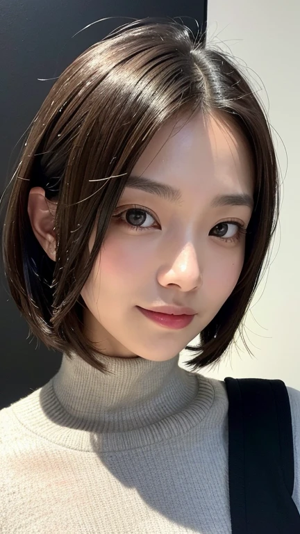 (((Close-up of face)))、(((Absolutely shoulder-length brown straight short bob)))、(((She is posing like a hair salon model, with a black wall indoors as the background.)))、(((Casual black winter long sleeves with shoulders covered)))、Half Japanese, half Korean、18 year old girl、Standing Alone、Looking forward、Light eye makeup、Brown Hair Color、Flat and 、Hair blowing in the wind、Actress Quality、Glossy, ultra-realistic face、Smiling face、Watery eyes、Gazing Up、Subtle lighting effects、 Ultra-Realistic Capture、Very detailed、High resolution 16K close up of human skin。Skin texture must be natural、The details must be such that pores can be clearly seen、The skin is healthy、Uniform tone、Use natural light and colors、A worn-out, high-quality photo taken by a model agency&#39;s in-house photographer.、smile、(((SIGMA 300 mm F/1.4,1/1000 sec shutter,ISO 400))) 