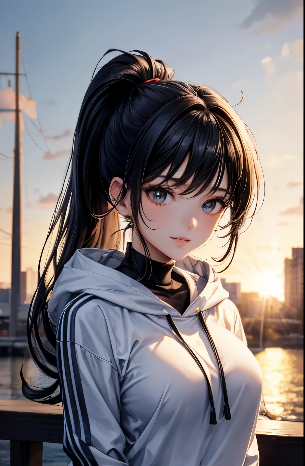 ((best quality)), ((masterpiece)), (detailed), perfect face,(18 years old),(beautiful girl), ponytail,(blackes Braun hair), cute smile (looking at vivers) on a streat road,( full body view),(detailed lips), perfect head ,(detailed face), wers a white hoodi black Stiles short pant that reaches nee, heads in hoodi pocket,(huge breasts),(perfect girl), Korean girl