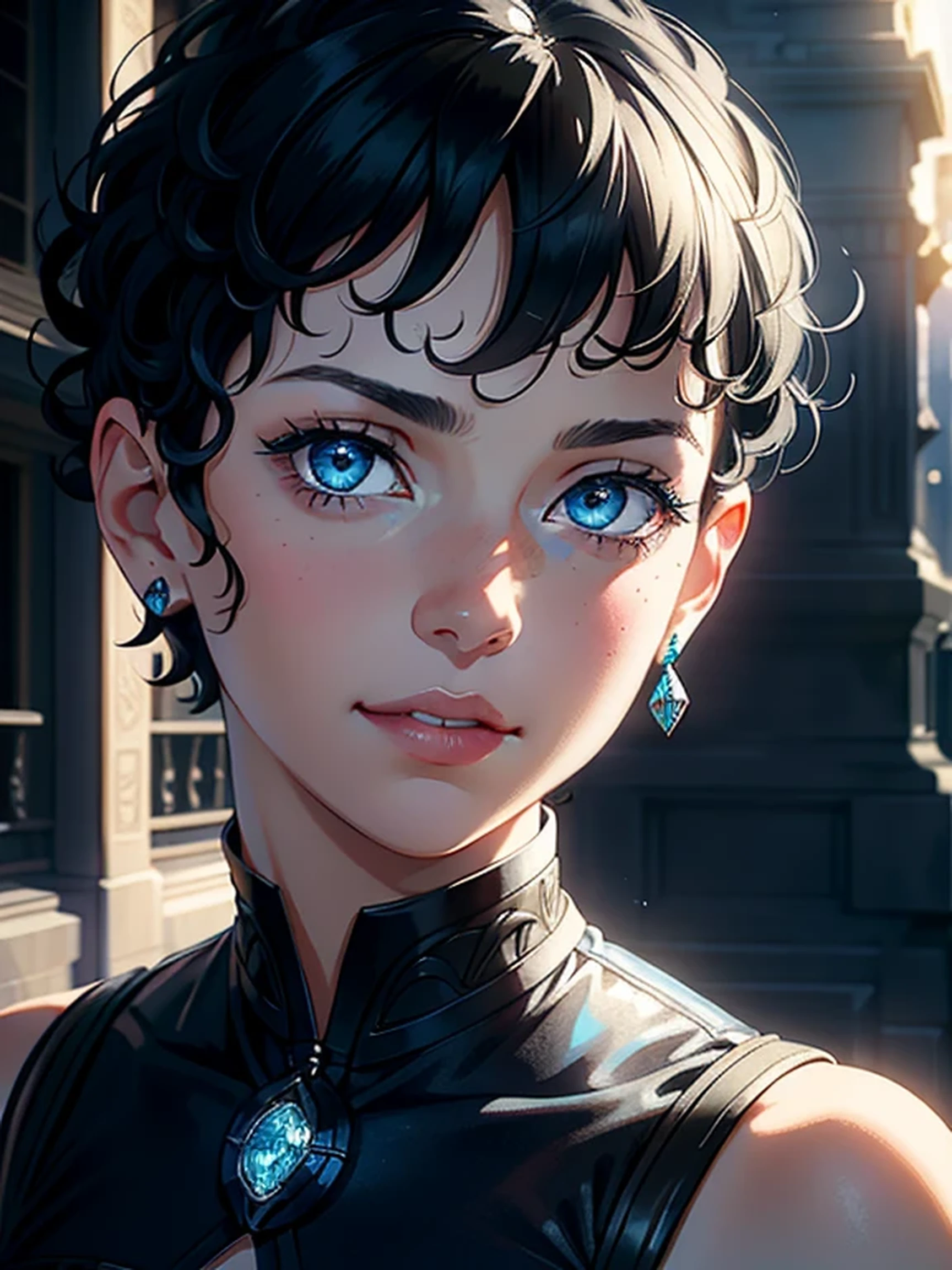 (Masterpiece), High Quality, 1 woman, white girl, Curly short black hair, Small blue eyes, Slight smile, High contrast, Supersaturated, Bright, Photoshop, (1.5), (Distance), (Gazing far away), (Detailed facial features), (Realistic rendering), (Extraordinary texturing), (Dynamic lighting), (Deep shadows), (Detailed background), (Environmental elements), (Naturalistic scene), (Expressive emotion)

(A stunning white woman with curly short black hair and small blue eyes wears an enchanting smile. Her captivating gaze is fixed on a distant point, her expression one of deep thought or wonder