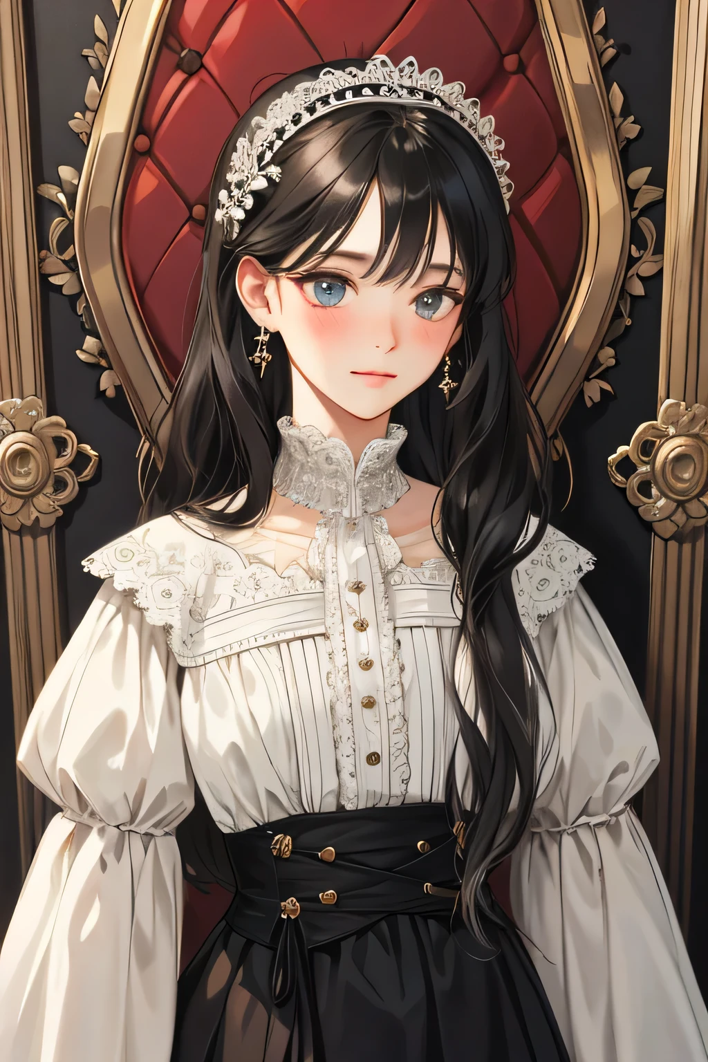(extreamly delicate and beautiful:1.2), 8K,(masterpiece:1.0),(best_quality:1.0), 1 girl, and intricate detailing, Enlarged textures, and intricate detailing, finely eye and detailed face, and intricate detailing, black long hair, (closed mouths), Perfect eyes, Equal eyes, carolina eyes (A famale god) classic white dress modern, look at camera, look 50 years old, blush