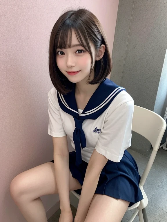 In detail,Full body photo、High resolution, high quality、Slim body、Perfect dynamic composition, Beautiful fine details, Bobcut、Natural color lip,Kamimei、16-year-old high school girl、Clear Skin、Sailor suit、Navy blue mini skirt、Thighs、Shiny Hair、最high quality, figure, Very detailed, In detail, High resolution, 8k、The correct state of the human body、Sculpture model pose,Pink wall,Sitting in a chair、Thighs are visible、smile、