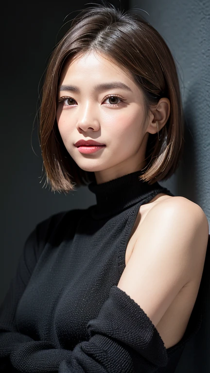 (((Close-up of face)))、(((Absolutely shoulder-length brown straight short bob)))、(((She is posing like a hair salon model, with a black wall indoors as the background.)))、(((Casual black winter long sleeves with shoulders covered)))、Half Japanese, half Korean、18 year old girl、Standing Alone、Looking forward、Light eye makeup、Brown Hair Color、Flat and 、Hair blowing in the wind、Actress Quality、Glossy, ultra-realistic face、Smiling face、Watery eyes、Gazing Up、Subtle lighting effects、 Ultra-Realistic Capture、Very detailed、High resolution 16K close up of human skin。Skin texture must be natural、The details must be such that pores can be clearly seen、The skin is healthy、Uniform tone、Use natural light and colors、A worn-out, high-quality photo taken by a model agency&#39;s in-house photographer.、smile、(((SIGMA 300 mm F/1.4,1/1000 sec shutter,ISO 400))) 