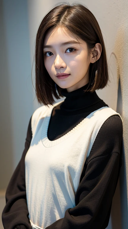 (((Close-up of face)))、(((Absolutely shoulder-length brown straight short bob)))、(((She is posing like a hair salon model, with a black wall indoors as the background.)))、(((Casual black winter long sleeves with shoulders covered)))、Half Japanese, half Korean、18 year old girl、Standing Alone、Looking forward、Light eye makeup、Brown Hair Color、Flat and 、Hair blowing in the wind、Actress Quality、Glossy, ultra-realistic face、Smiling face、Watery eyes、Gazing Up、Subtle lighting effects、 Ultra-Realistic Capture、Very detailed、High resolution 16K close up of human skin。Skin texture must be natural、The details must be such that pores can be clearly seen、The skin is healthy、Uniform tone、Use natural light and colors、A worn-out, high-quality photo taken by a model agency's in-house photographer.、smile、(((SIGMA 300 mm F/1.4,1/1000 sec shutter,ISO 400)))