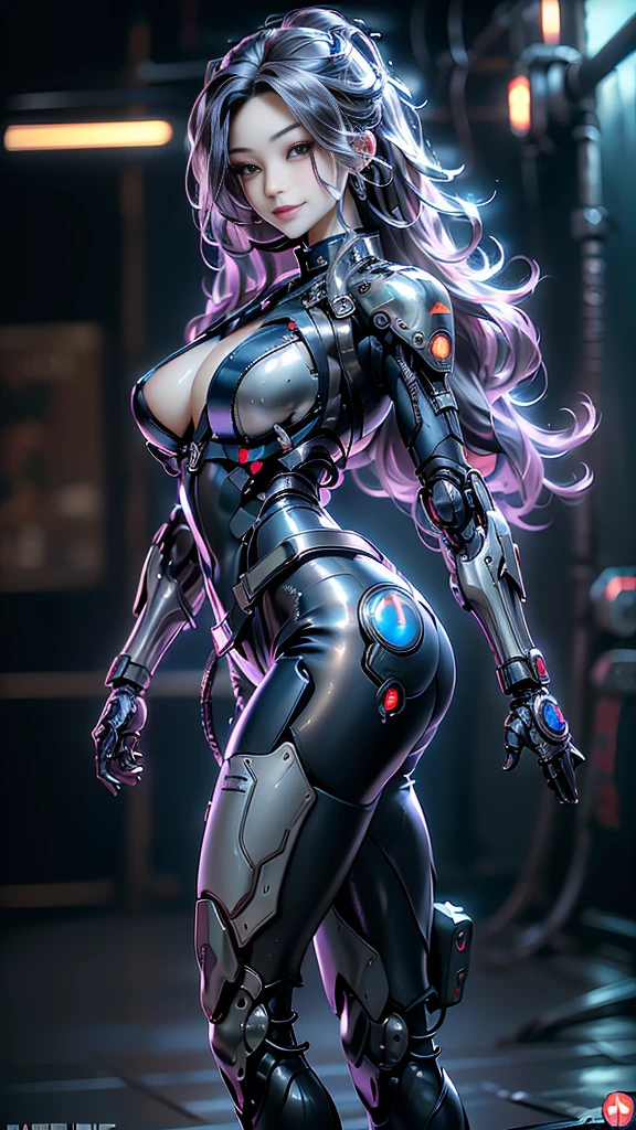 ((highest quality)), ((masterpiece)), ((Perfect Face))、（(Detailed Motorcycle)）、Detailed and clear photos、((Cyborg Woman))、((Cyborg in navy blue metal jacket and leather pants))、((Ride a Cyberbike))、((cybernetics))、Slender body、((Woman with a mechanical body))、Communication Headset、(((Steel Fingers)))、(((The body is mechanized)))、Full Body Shot、The background is a futuristic city、smile、（（A beautiful face with big eyes））,(Sexy cyber suit with lots of exposed skin）、（Sexy pose with butt sticking out）、（Teeth clean、自然なsmileがかわいい）、Laugh anyway,（Very attractive）