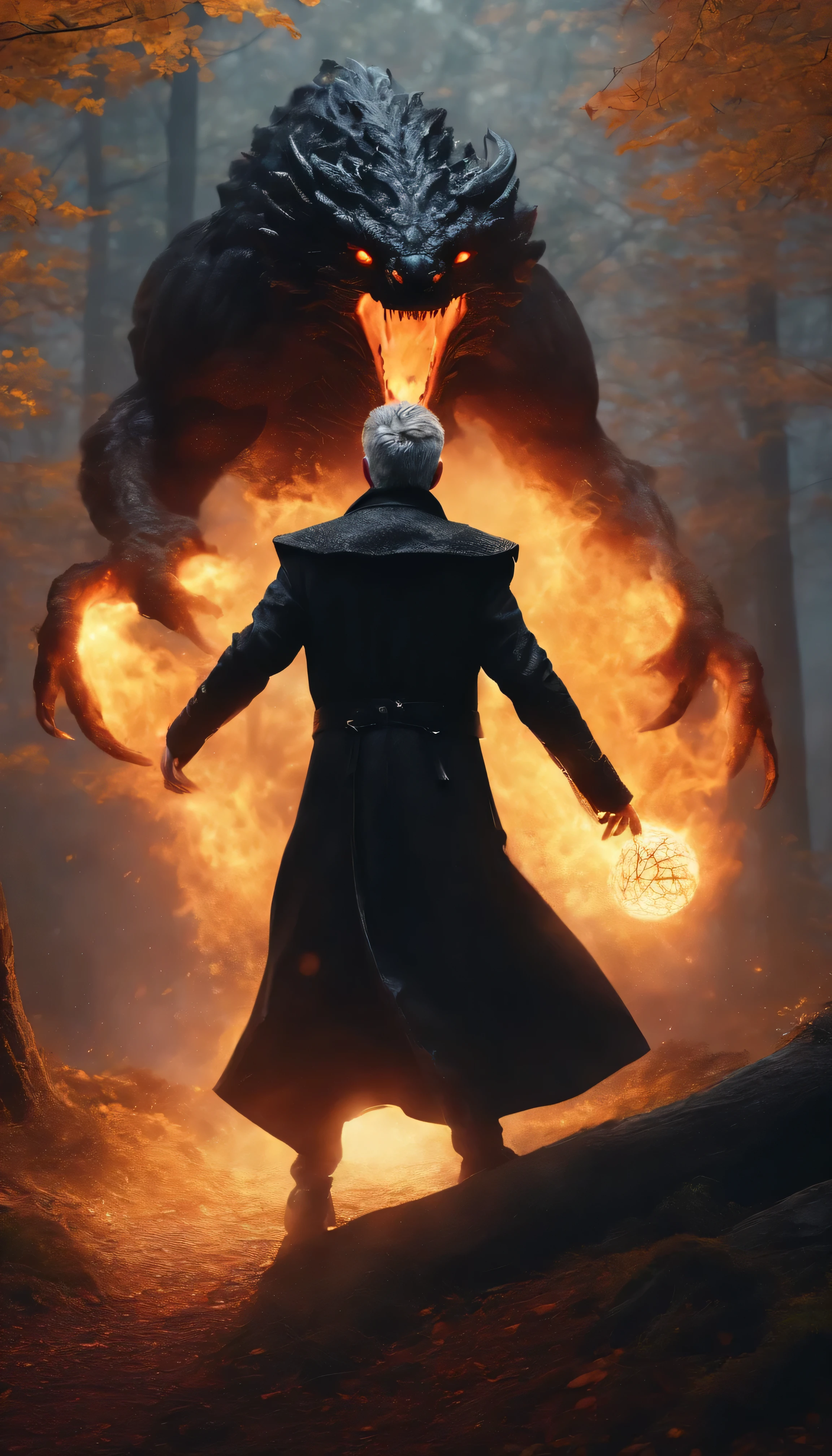8k, a young male wizard with black clothes with grey short hair from behind throw fireball to a huge monster in Rainy forest from the hill