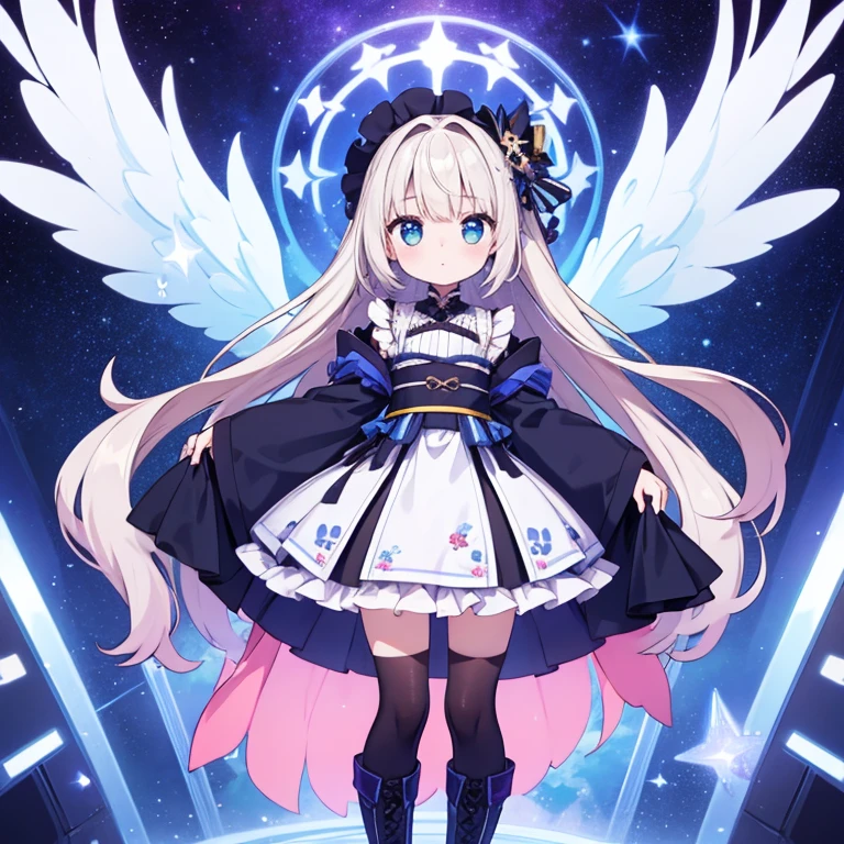 Star Fairy、(masterpiece, best quality), 1girl, 「A beautifully printed galaxy patterned kimono and gothic lolita outfit、Space pattern box pleated mini skirt with ruffles、Standing in front of the viewer、Knee-high boots、Captivating eyes、Perfect and stunning face、Exquisite details、Clear images、highest quality。」Milky white and blue highlight gradient long straight hair、