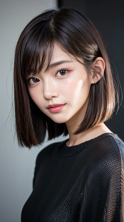 (((Close-up of face)))、(((Absolutely shoulder-length brown straight short bob)))、(((She is posing like a hair salon model, with a black wall indoors as the background.)))、(((Casual black winter long sleeves with shoulders covered)))、Half Japanese, half Korean、18 year old girl、Standing Alone、Looking forward、Light eye makeup、Brown Hair Color、Flat and 、Hair blowing in the wind、Actress Quality、Glossy, ultra-realistic face、Smiling face、Watery eyes、Gazing Up、Subtle lighting effects、 Ultra-Realistic Capture、Very detailed、High resolution 16K close up of human skin。Skin texture must be natural、The details must be such that pores can be clearly seen、The skin is healthy、Uniform tone、Use natural light and colors、A worn-out, high-quality photo taken by a model agency's in-house photographer.、smile、(((SIGMA 300 mm F/1.4,1/1000 sec shutter,ISO 400)))