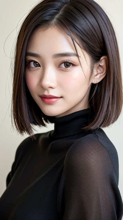 (((Close-up of face)))、(((Absolutely shoulder-length brown straight short bob)))、(((She is posing like a hair salon model, with a black wall indoors as the background.)))、(((Casual black winter long sleeves with shoulders covered)))、Half Japanese, half Korean、18 year old girl、Standing Alone、Looking forward、Light eye makeup、Brown Hair Color、Flat and 、Hair blowing in the wind、Actress Quality、Glossy, ultra-realistic face、Smiling face、Watery eyes、Gazing Up、Subtle lighting effects、 Ultra-Realistic Capture、Very detailed、High resolution 16K close up of human skin。Skin texture must be natural、The details must be such that pores can be clearly seen、The skin is healthy、Uniform tone、Use natural light and colors、A worn-out, high-quality photo taken by a model agency&#39;s in-house photographer.、smile、(((SIGMA 300 mm F/1.4,1/1000 sec shutter,ISO 400))) 