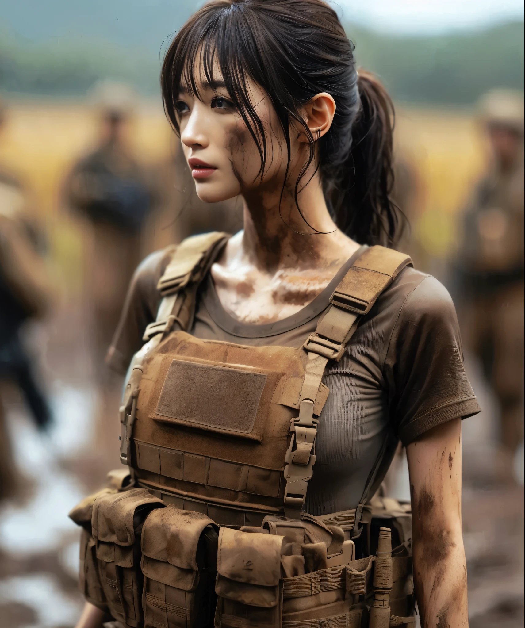 8K, realistic photo, realistic skin texture, Japanese women in the U.S. Army、、wasteland、mud、Automatic rifle、Bulletproof vest、backpack、Several tanks and military vehicles are seen in the distance.、Move forward at a fast pace、Signal to move forward、The background is out of focus