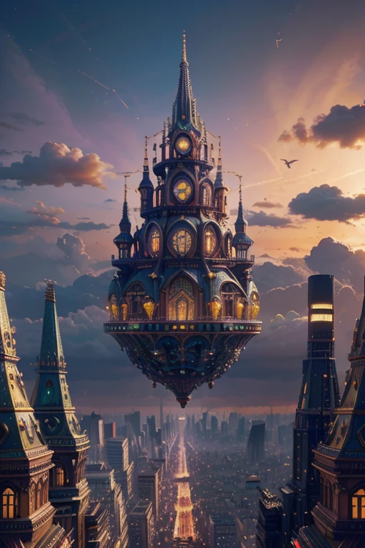 "fantastic cityscape in a vibrant world(full of life, bustling energy), with whimsical buildings and magical elements, capturing the wonders of a dreamlike (alternate, enchanting) universe. (Best quality, 1080p) Ultra-detailed (illustration, digital painting) depicting a charming (futuristic, steampunk) city, with intricate (architectural details, ornamentation) that showcase a fusion of imagination and reality. Vivid colors (with surreal palettes, vibrant hues) illuminate the scene, while (soft, warm) lighting creates an ethereal ambiance, adding depth and (mystery, intrigue)."