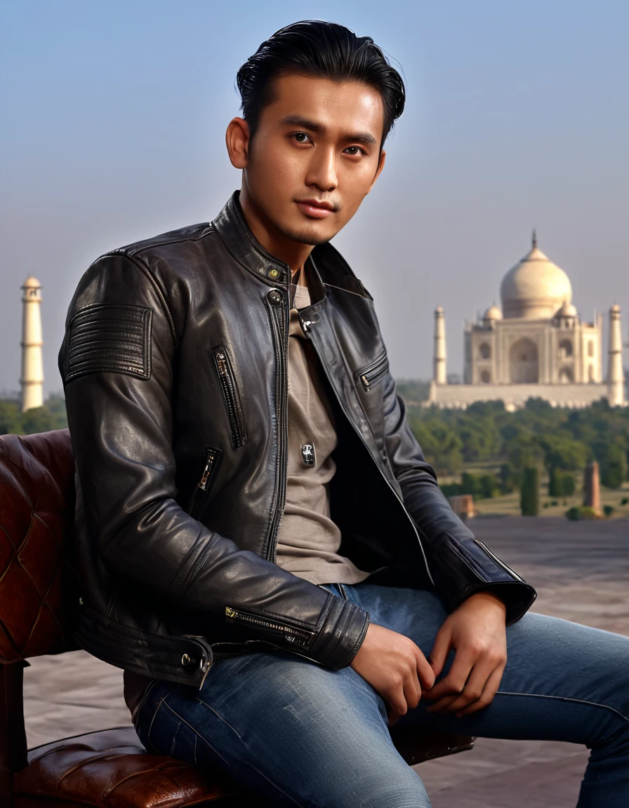 1Indonesian man, solo, handsome face, realistic eyes with high detail, double eyelids, realistic pupils with high detail, (on body from head to waist:1.36), (wearing leather jacket:1.37), (jacket:1.37), style low man bun hair, sitting alone on a long chair, amazing building city background, taj mahal, best quality, masterpiece, highres, blue jeans, Handsome face, (on body from head to waist: 1.35), tyndall effect , photorealistic, dark studio, two tone lighting, 8k uhd, DSLR, soft lighting, high quality, volumetric lighting, candid, Photo, high resolution, 4k, 8k, Bokeh, (hyperrealistic girl), (illustration), (high resolution) , (highly detailed), (best illustration), (beautiful eye detail), (best quality), (highly detailed), (masterpiece), (wallpaper), (photorealistic), (natural light), (edge lighting), (facial detail), (detailed and realistic facial skin texture height), (anatomically correct), (heterochromic eyes), (detailed eyes), (shiny eyes), (dynamic pose), (all hair: 1.35), looking at the audience