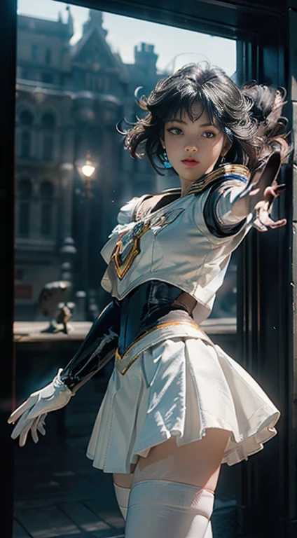 (Extremely detailed CG Unity 8K wallpaper, masterpiece, highest quality), (Exquisite lighting and shadows, A very dramatic picture, Cinema Lens Effects), (Sailor Moon: 1.1), Double Tail, blue eyes, White gloves, mini skirt, Dynamic pose), (Amazing details, Excellent lighting, Wide-angle), (Good rendering and great rendering),
