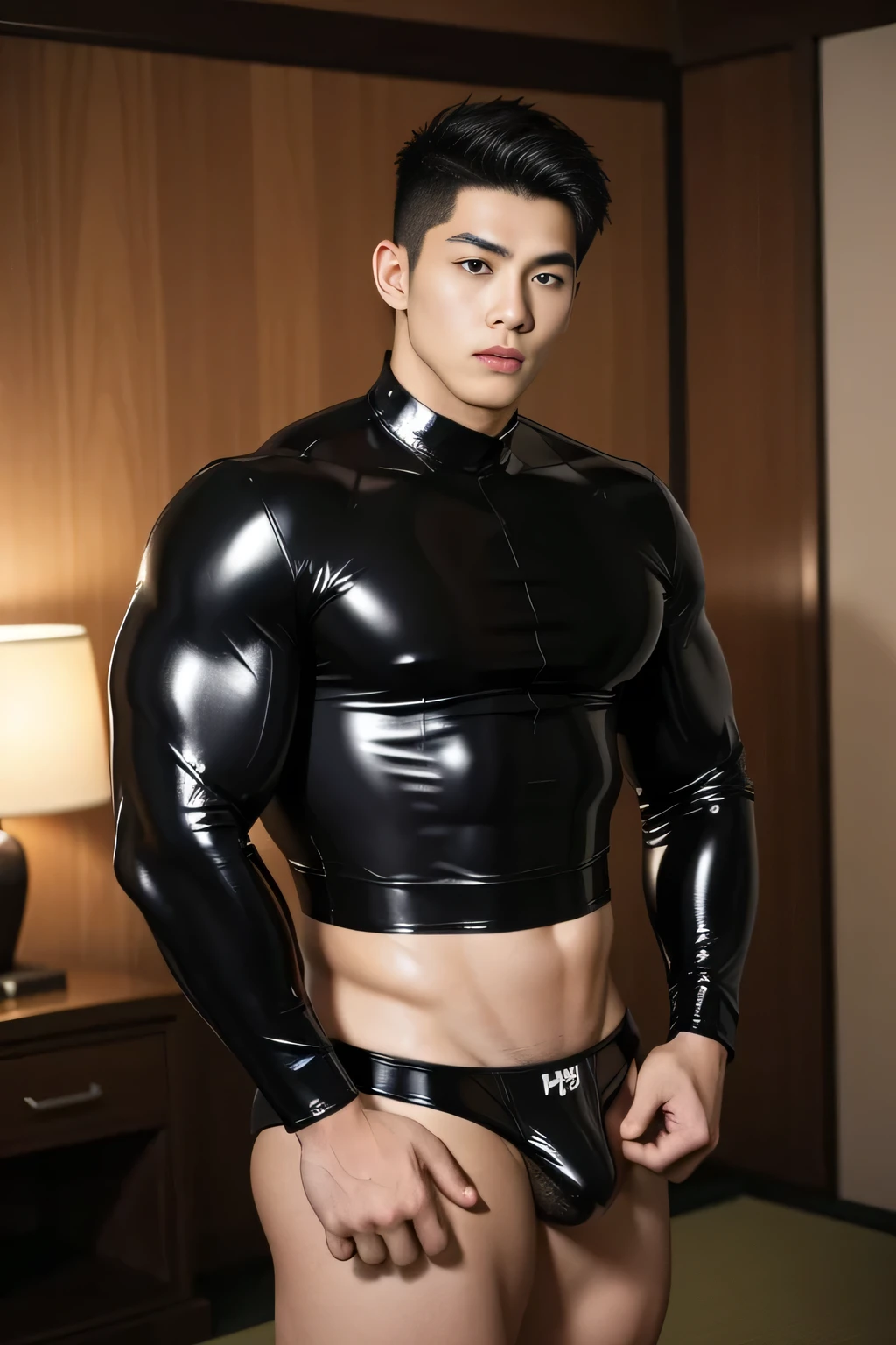 Japan man,man,youth,Best quality, crisp quality, Masterpiece, Highest resolution, Highly detailed, super tight black latex shirt, love heart,wearing black latex micro thong, show his huge breasts muscle, Handsome muscular young age boy, standing forward, showing his huge muscular bulge,