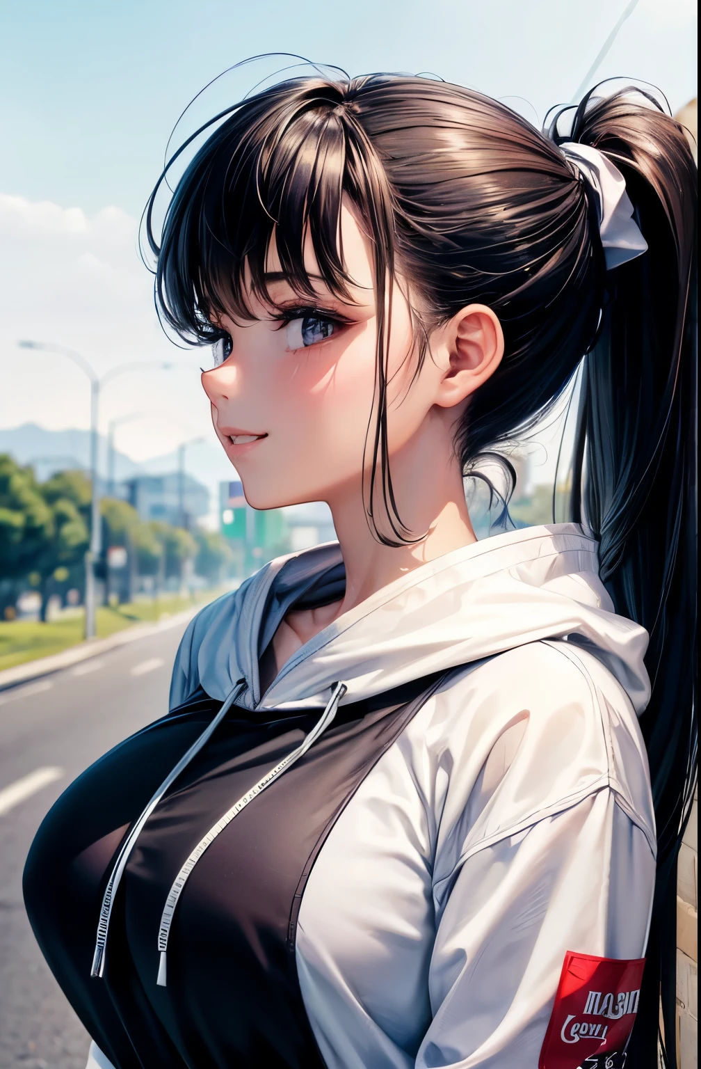 ((best quality)), ((masterpiece)), (detailed), perfect face,(18 years old),(beautiful girl), ponytail,(blackes Braun hair), cute smile (looking at vivers) on a streat road,( full body view),(detailed lips), perfect head ,(detailed face), wers a white hoodi black Stiles short pant that reaches nee, heads in hoodi pocket,(huge breasts),(perfect  girl), Korean girl 