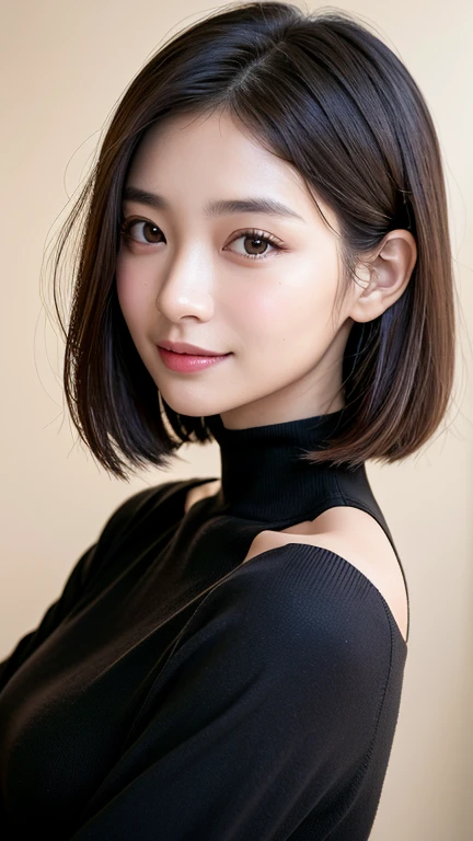 (((Close-up of face)))、(((Absolutely shoulder-length brown straight short bob)))、(((She is posing like a hair salon model, with a black wall indoors as the background.)))、(((Casual black winter long sleeves with shoulders covered)))、Half Japanese, half Korean、18 year old girl、Standing Alone、Looking forward、Light eye makeup、Brown Hair Color、Flat and 、Hair blowing in the wind、Actress Quality、Glossy, ultra-realistic face、Smiling face、Watery eyes、Gazing Up、Subtle lighting effects、 Ultra-Realistic Capture、Very detailed、High resolution 16K close up of human skin。Skin texture must be natural、The details must be such that pores can be clearly seen、The skin is healthy、Uniform tone、Use natural light and colors、A worn-out, high-quality photo taken by a model agency's in-house photographer.、smile、(((SIGMA 300 mm F/1.4,1/1000 sec shutter,ISO 400)))