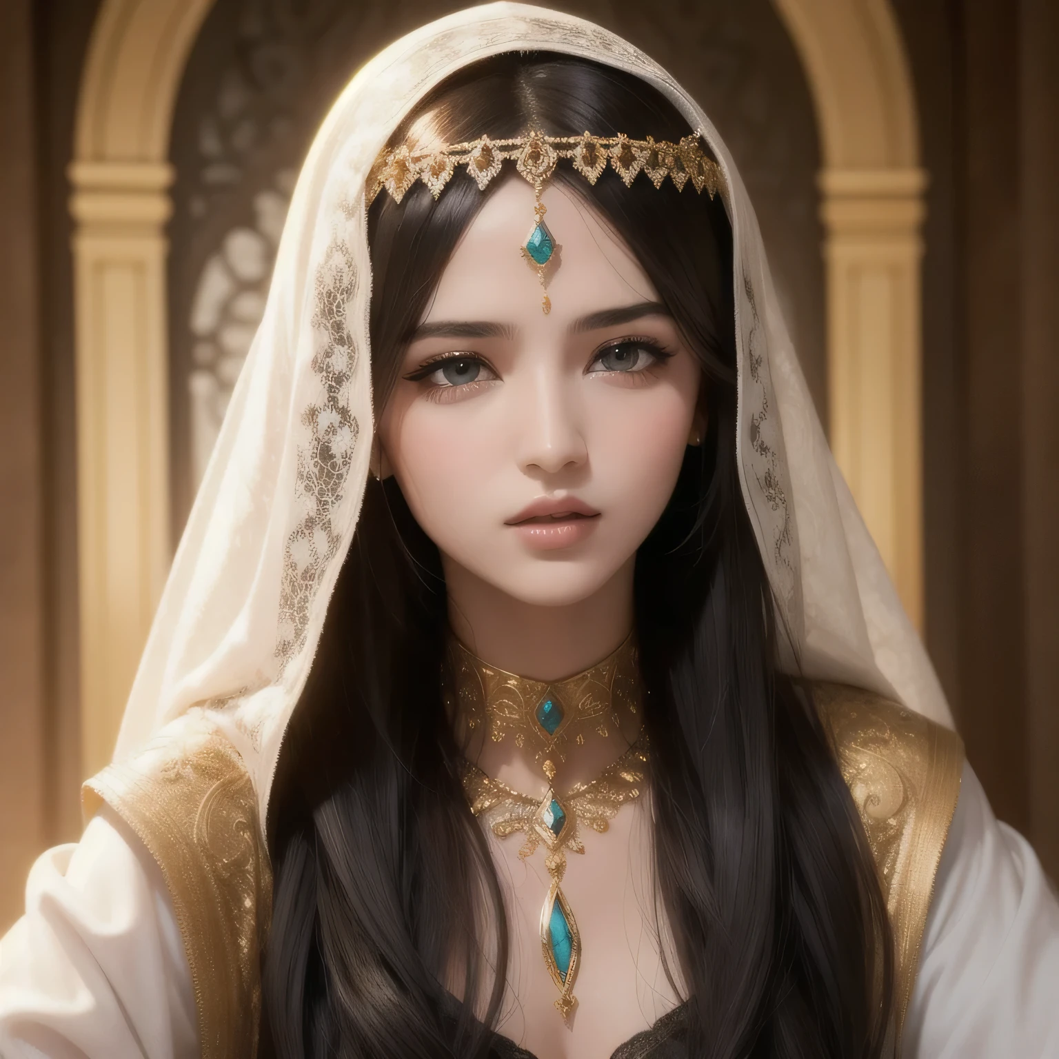 Amazing portrait,sexy Arabian woman,beautiful face,black cloth,head and face covered,eyes showcased,seductive eyes,sultry pose,medium:oil painting,detailed eyes,luscious lips,exquisite facial features,soft and glowing skin,fine lines and textures,flowing dark hair,feminine and elegant attire,unique jewelry,delicate patterns,rich colors and contrasts,Ancient Middle Eastern setting,mysterious and captivating atmosphere,HDR lighting,ultra-detailed,photo-realistic,professional,vivid colors,bokeh