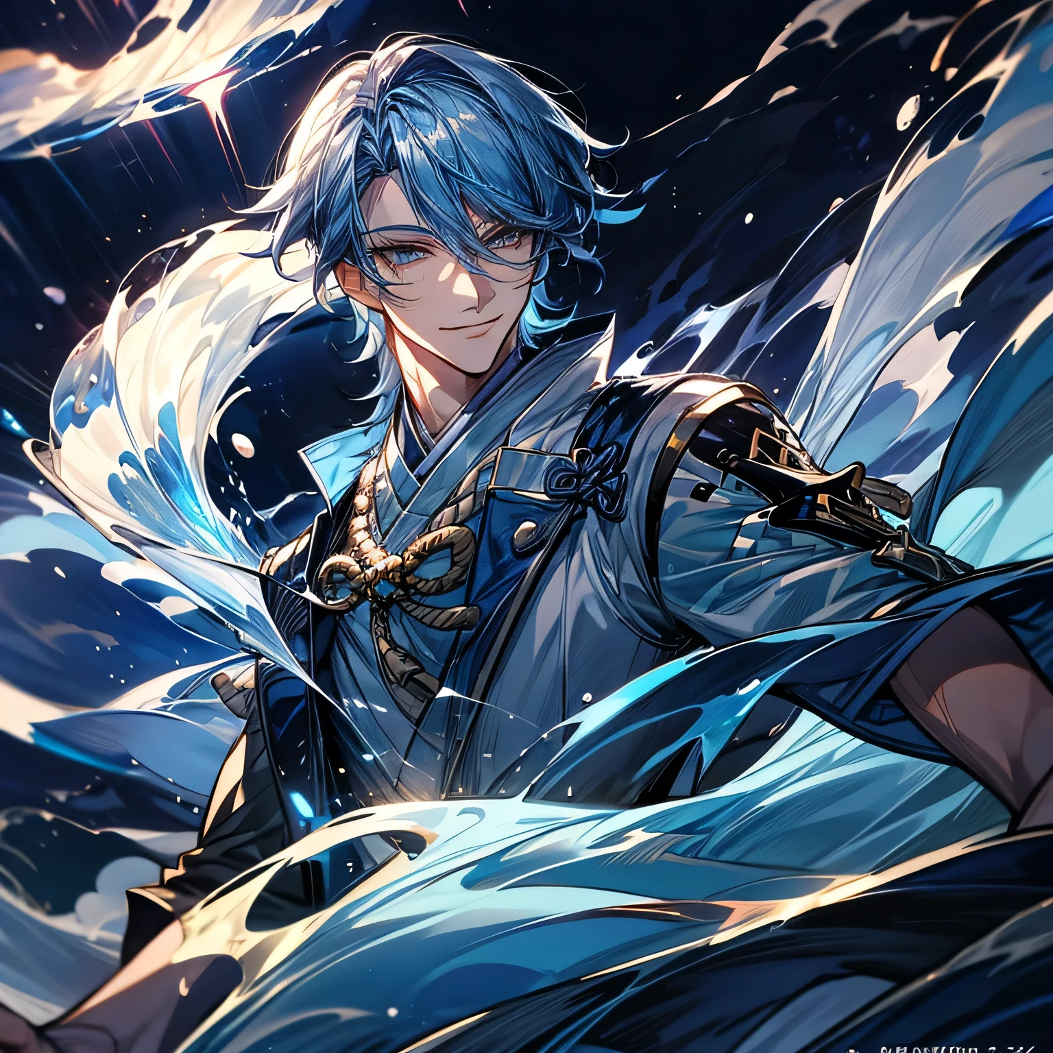 One man, Have blue water sword, handsome man, water power, in Japanese, night, hd quality, high quality, smile