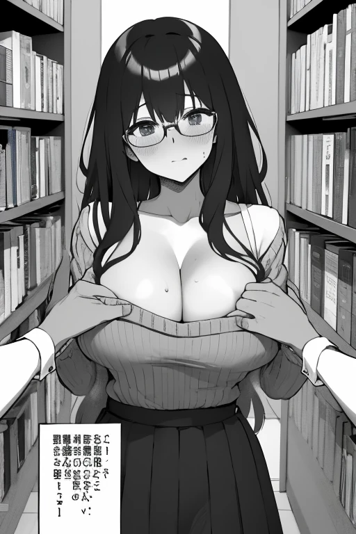 (masterpiece),(best quality), glasses, chakumomi, pov hand, breast grab, (embarrassed),sweater, in library,