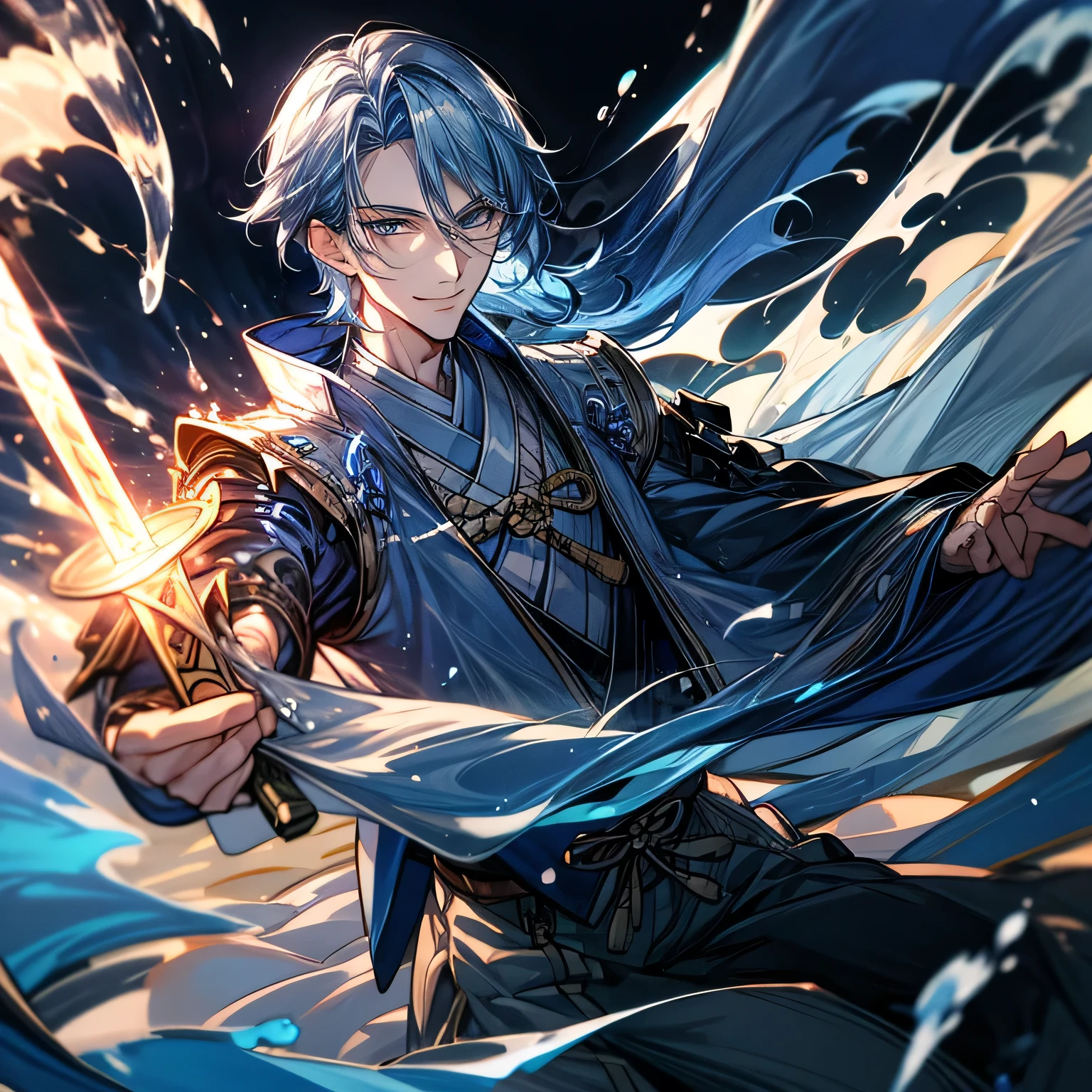 One man, Have blue water sword, handsome man, water power, in Japanese, night, hd quality, high quality, smile