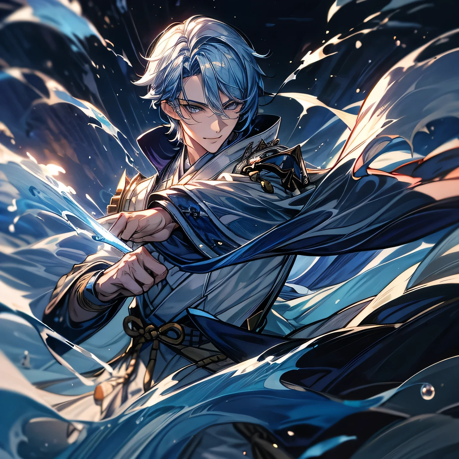 One man, Have blue water sword, handsome man, water power, in Japanese, night, hd quality, high quality, smile