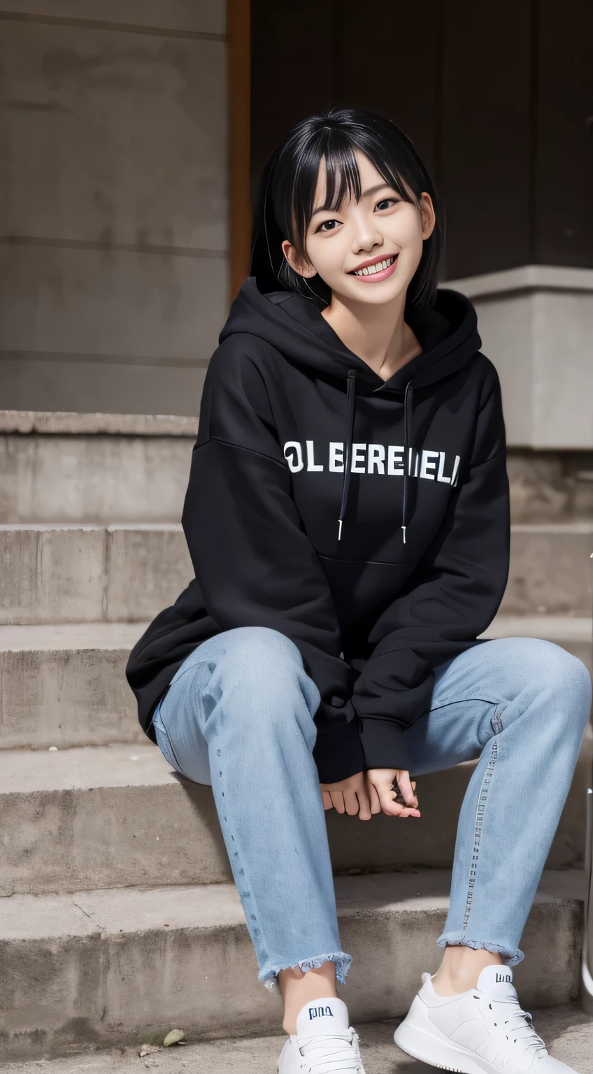 highest quality, Realistic, Very detailed, Finer details, High resolution, 8k wallpaper, One beautiful woman,Sit on the stairs、（Wear black socks）smile、（Beautiful teeth alignment、）（Gums are visible） Oversized hoodie, Skinny jeans,（ Black sneakers）、Black Hair、 Beautiful Bangs、ear piercing、Perfect dynamic composition, Beautiful and detailed, Full Body Shot, A big smile

