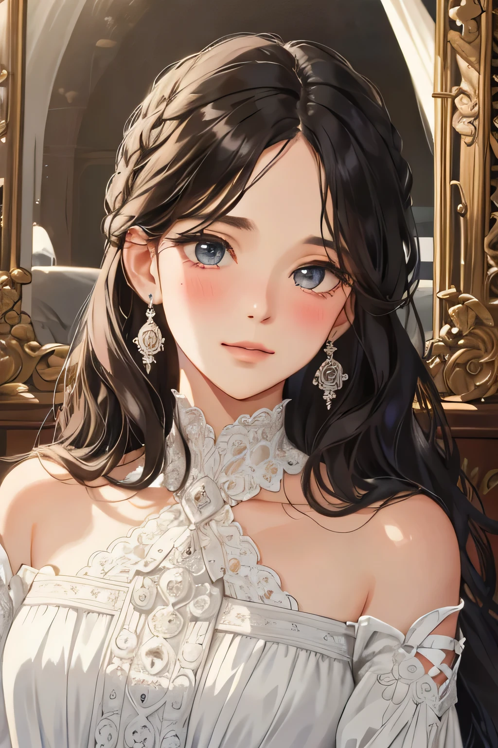 (extreamly delicate and beautiful:1.2), 8K,(masterpiece:1.0),(best_quality:1.0), 1 girl, and intricate detailing, Enlarged textures, and intricate detailing, finely eye and detailed face, and intricate detailing, black curls long hair, (closed mouths), Perfect eyes, Equal eyes, carolina eyes (A famale god) classic white dress modern, look at camera, look 50 years old, blush