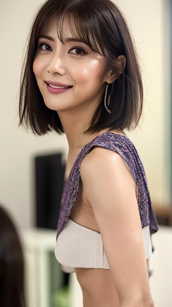 1 beautiful woman, high resolution, wallpaper 8K screen, top quality, realistic, super detailed, exquisite and perfect dynamic composition, (48 years old), (realistic skin texture), (overall skin fine lines: 1.3) , (dull skin: 1.1), (skin without moisture: 1.2), (wrinkles on the face: 0.9), (wrinkles at the corners of the eyes: 1.2), double eyelids, tear bags in the lower eyelids, eyes facing away, Serious expression, straight gaze, (dimples: 1.2), sharpness, dense and beautiful eyes, short hairstyle, thin hair, smile, short bangs, long hair, thin blouse with a wide neckline, flat chest, close to the waist Fitted flare pants, (portrait focusing on upper body), (angle from leg: 1.5),