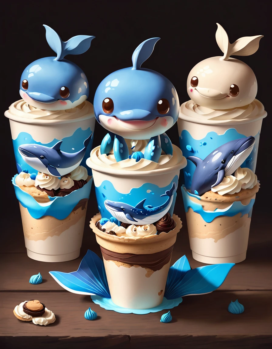 Very cute and attractive anthropomorphic paper cups with blue whales., glaçage au chocolat, Fond de magasin de desserts，kawaii, je regarde le spectateur, cinema lighting, art fantastique, composition dynamique, Realistic Epic, Illustration primée pour animaux de compagnie