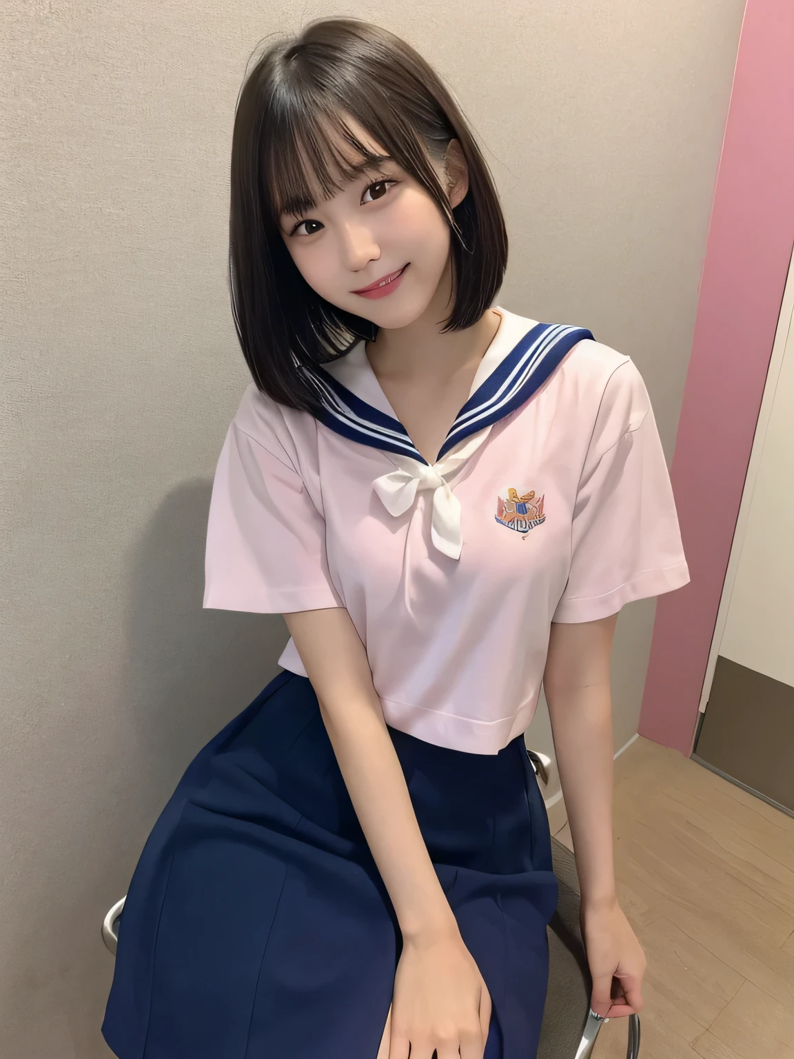 In detail,Full body photo、High resolution, high quality、Slim body、Perfect dynamic composition, Beautiful fine details, Bobcut、Natural color lip,Kamimei、16-year-old high school girl、Clear Skin、Sailor suit、Navy blue mini skirt、Thighs、Shiny Hair、最high quality, figure, Very detailed, In detail, High resolution, 8k、The correct state of the human body、Sculpture model pose,Pink wall,Sitting in a chair、Thighs are visible、smile、