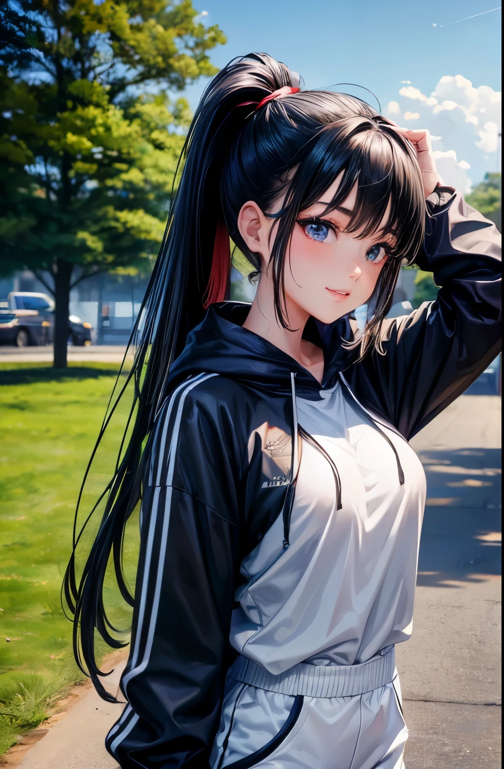 ((best quality)), ((masterpiece)), (detailed), perfect face,(18 years old),(beautiful girl), ponytail,(blackes Braun hair), cute smile (looking at vivers) on a streat road,( full body view),(detailed lips), perfect head ,(detailed face), wers a white hoodi black Stiles short pant that reaches nee, heads in hoodi pocket,(huge breasts),(perfect girl), Korean girl