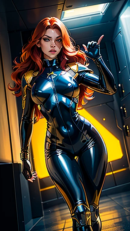 Best quality, 4K, american comics art style, vintage space woman,long red hair,lookng to observer,yellow and dark blue tight latex suit under shine black hi-tech armor,dynamic pose, spaceship corridor scenario, dramatic lights 