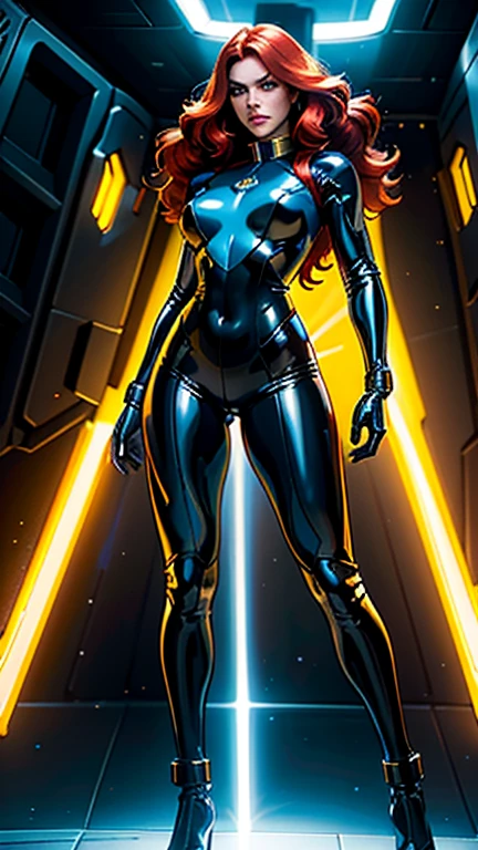 Best quality, 4K, american comics art style, vintage space woman,long red hair,lookng to observer,yellow and dark blue tight latex suit under shine black hi-tech armor,dynamic pose, spaceship corridor scenario, dramatic lights 