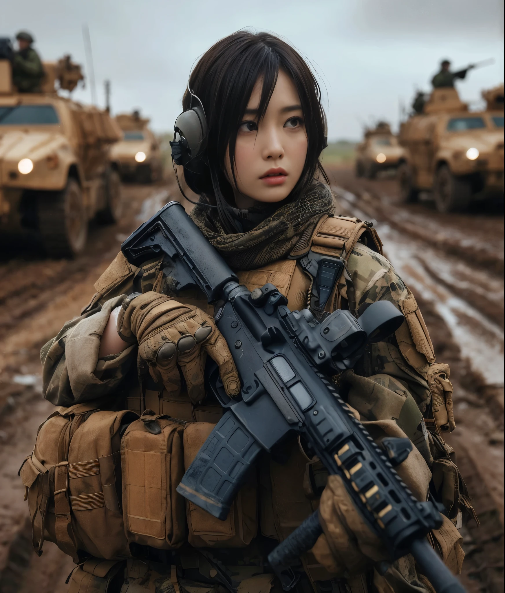 8K, realistic photo, realistic skin texture, Japanese women in the U.S. Army、、wasteland、mud、Automatic rifle、Bulletproof vest、backpack、Several tanks and military vehicles are seen in the distance.、Move forward at a fast pace、Signal to move forward、The background is out of focus