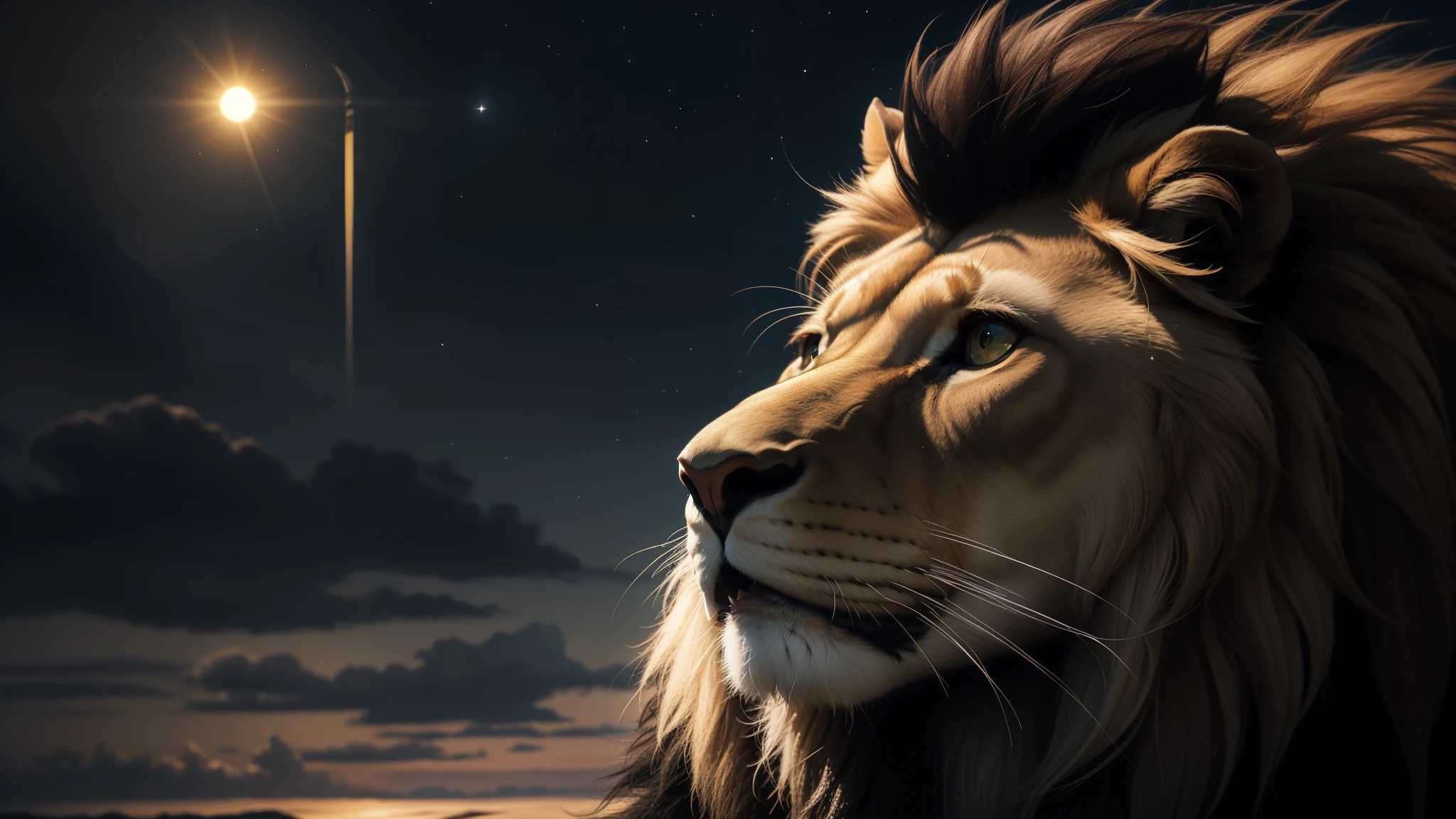 lion, Divine Lion, Majestic, Lindo, Fogo, Eletricidade,  Thunders, Sky Thunders, Stars, Fotorrealista 6K, UltraHD Detalhada, Cores detalhadas 8K, lion Elegante, Sol, Estrelas, Raios, heavens, Divine Sky, tempestade, Towards the heavens, celestial, divino, Golden Lion, Golden, Fotorrealista, Rendering, 4K, 8k, texturas detalhadas, sombras detalhadas, decente, cores detalhadas, Gods Sky, Detalhes UltraHD 16K, Texturas fotorrealistas 16K, Nitidez Detalhada 16K, Nitidez Detalhada, Cores detalhadas, Sombras realistas, Texturas Ultra realista, High Power, Natural Beleza, Cores Naturais, Contraste realista, Texturas Fotorrealistas, cores detalhadas, cores realistas, sombras detalhadas, Rosto Luminoso, Eletricidade, Rosto detalhado 4K, Ultra detalhado, contraste realista de 8k, nitidez detalhada, cores Ultra HD, elegante,