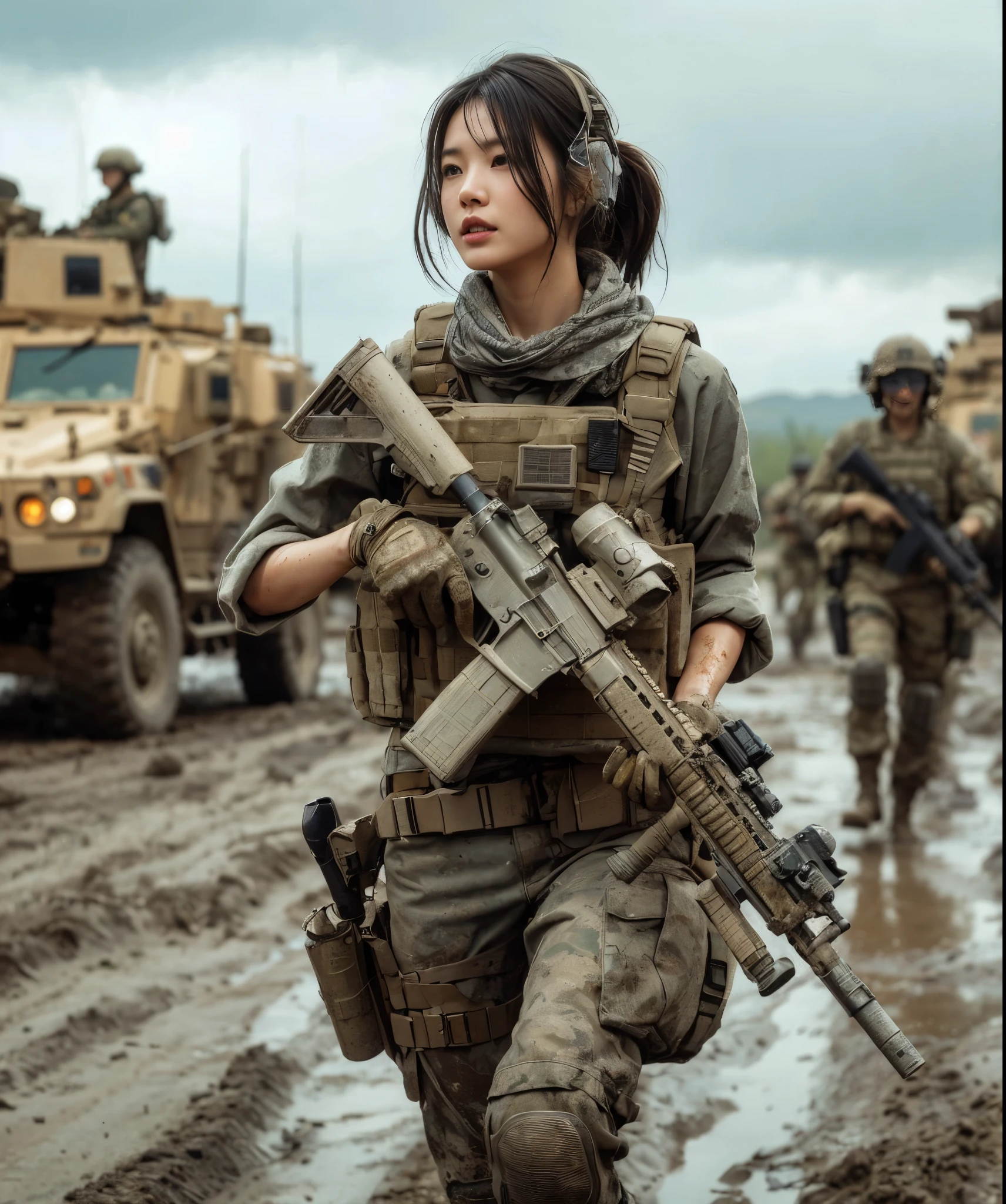 8K, realistic photo, realistic skin texture, Japanese women in the U.S. Army、、wasteland、mud、Automatic rifle、Bulletproof vest、backpack、Several tanks and military vehicles are seen in the distance.、Move forward at a fast pace、Signal to move forward、The background is out of focus