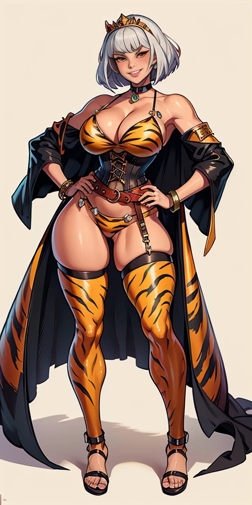 ((Masterpiece, plain background,1:2, masterpiece)) full body standing with two long yellow tiger print stockings, toned thighs, white silver hair, short bob hair, cleavage, separate yellow tiger print stockings thighs and sleeves, tiara royal, long cape up to two feet, yellow tiger bikini print, hands on waist, navel, lustful smirking smiling, smile face (red blushed, red cheeks) metal shoulders, armbands, black leather choker slave collar, shackle bracelets, slave red crest, full body MILF BIMBO standing with two long thighs and two metal sandals, red eyes, silver white hair, short bob hair, big knockers, cleavage, separate sleeves, tiara royal, long cape up to two feet, yellow bikini, hands on hips, metal shoulders, armbands, black leather choker collar, shackles bracelets, slave red crest, pauldrons, breastplate, leather corset, full body, whole body, 1solo, loincloth standing, hands on hips, metal sandals, choker, big belt, view from below, feet together, bracers, tiara, standing contrapposto straight symmetrical looking to viewer