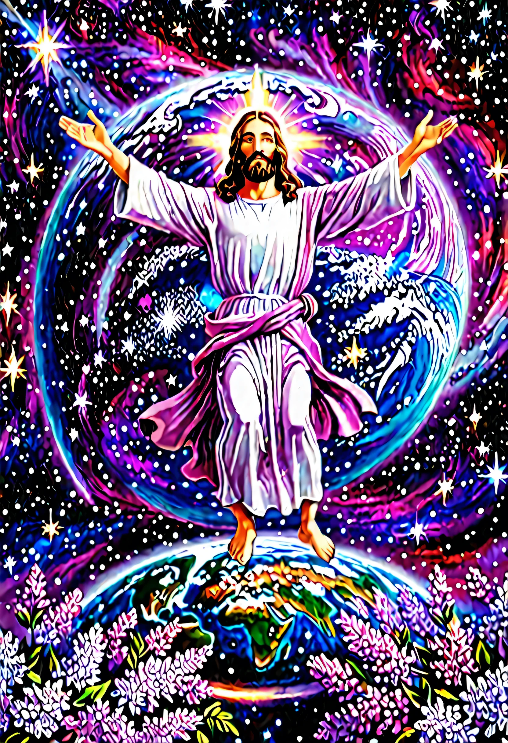 Jesus with spruce arms above the planet Earth, behind him a beautiful galaxy all colorful, predominant colors of lilac, with a countenance of peace, countless bright stars around him, realistic, 4k format