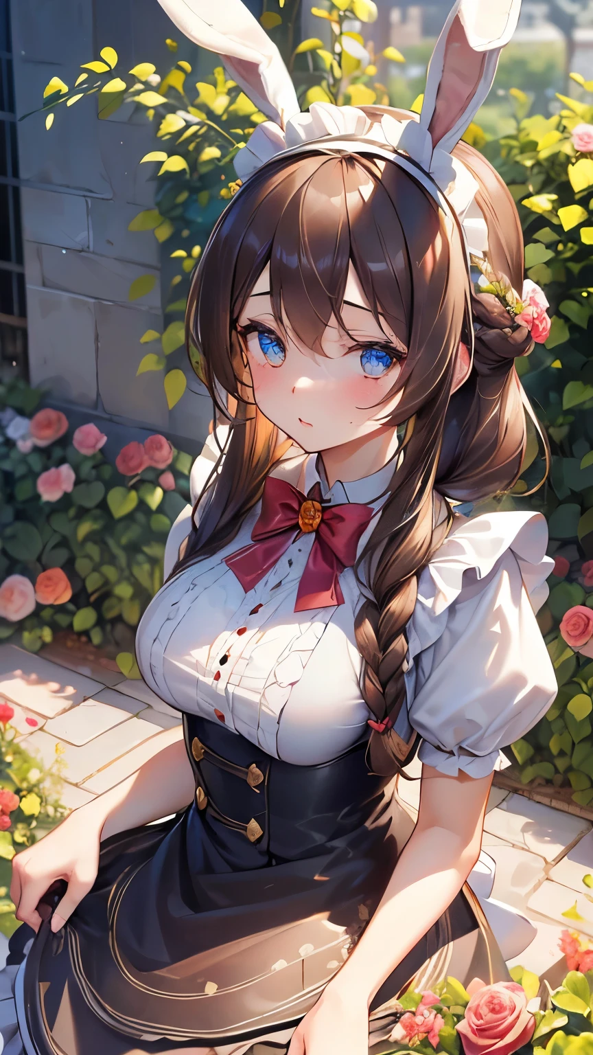 (brown hair), braided ponytail, ((rabbit ears)), maid headdress, Fujicolor, (((masterpiece))), ((textured skin)), (((high details))), highres, cute, lovely, maid, Apron dress, big breasts, overhead view, ((rose garden))