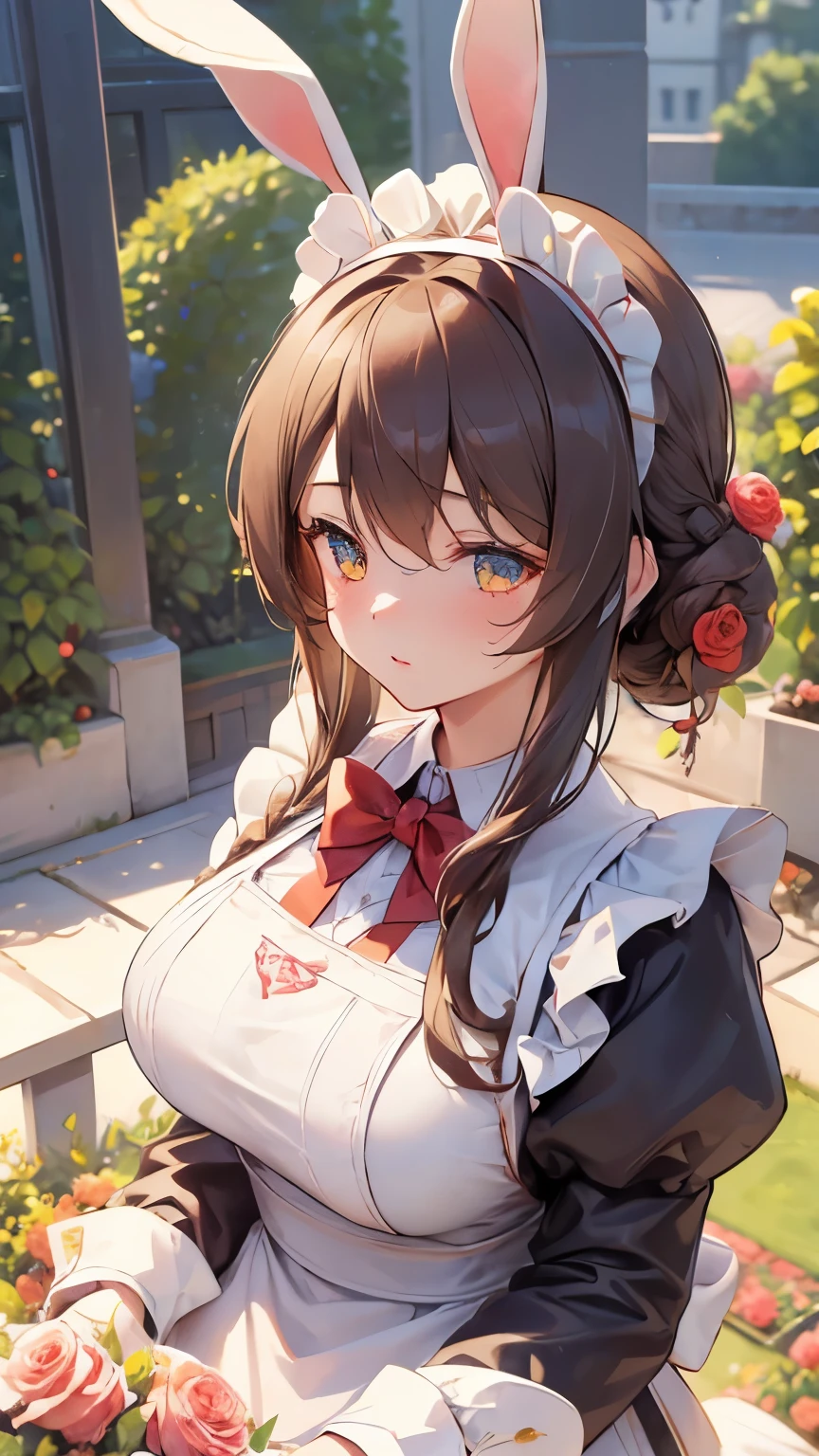 (brown hair), braided ponytail, ((rabbit ears)), maid headdress, Fujicolor, (((masterpiece))), ((textured skin)), (((high details))), highres, cute, lovely, maid, Apron dress, big breasts, overhead view, ((rose garden))